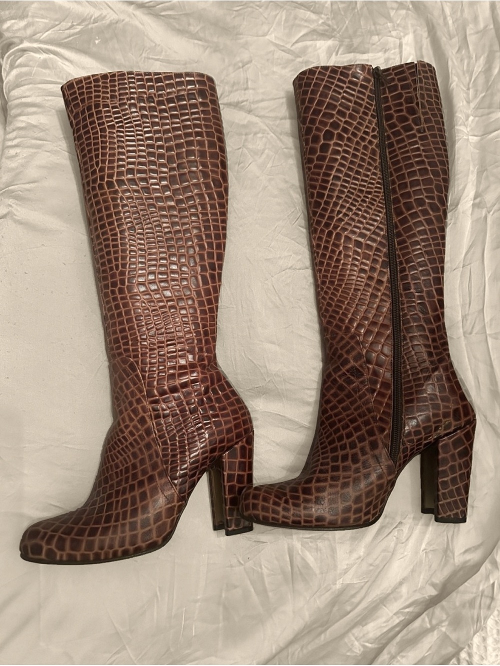 John Fluevog Brown Croc-Embossed Knee-High Block Heel Boots
